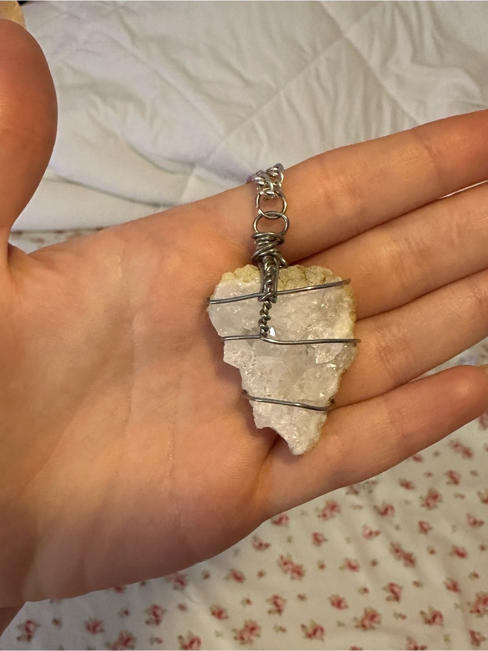 Handmade White Crystal Wire-Wrapped Pendant Necklace